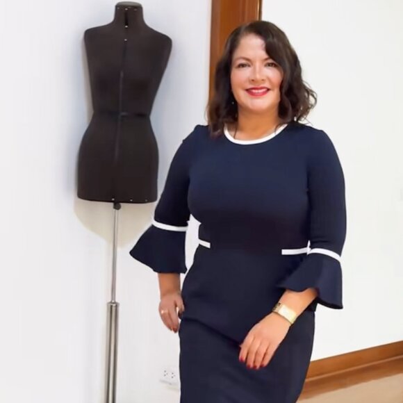 NWT Calvin Klein Navy & White Color Block Bell Sleeve Dress Size 6 - Picture 3 of 5